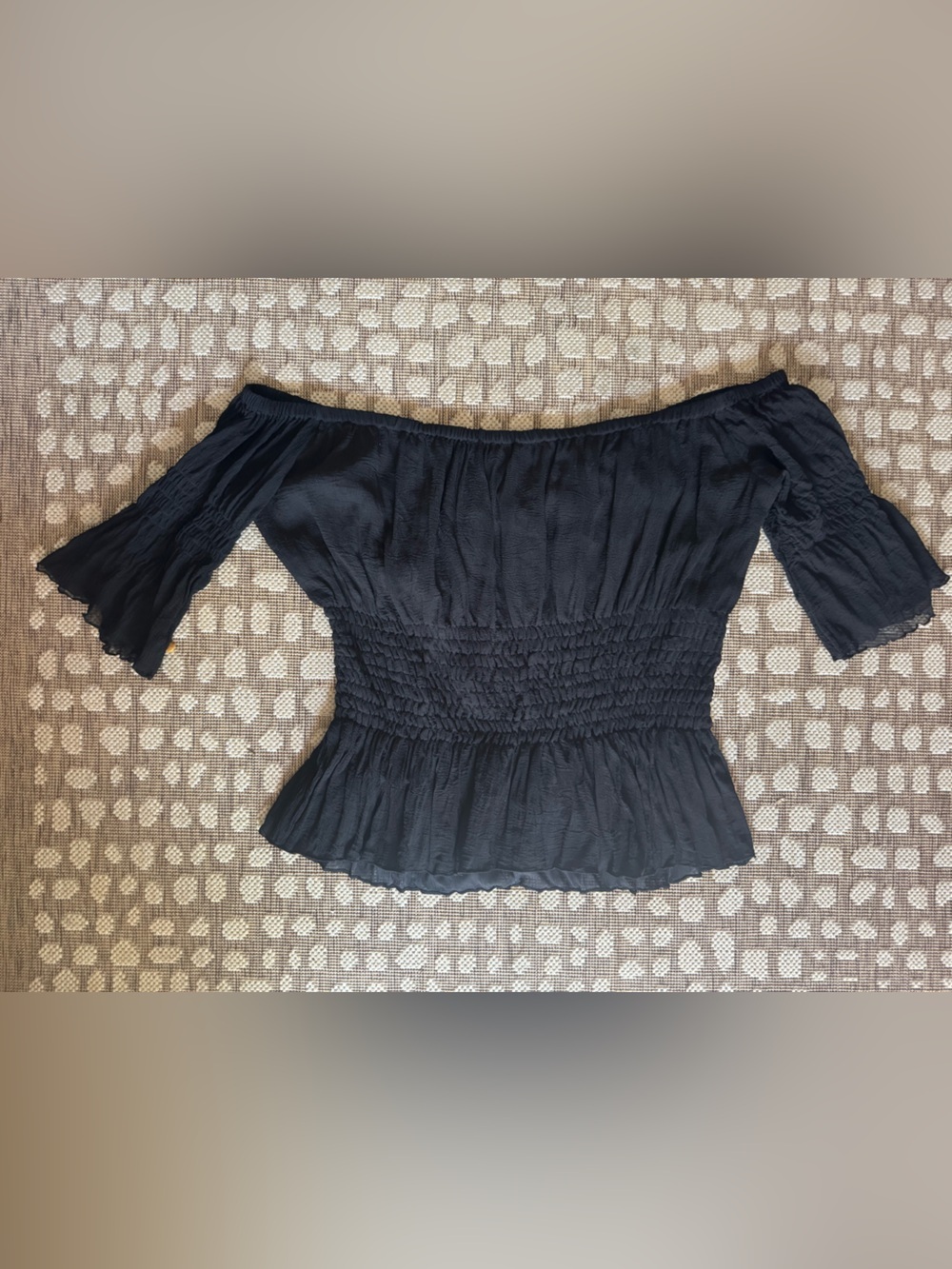 Vintage Collection Black Silk Peasant Blouse Off Shoulder Smocked Y2K Boho Top S